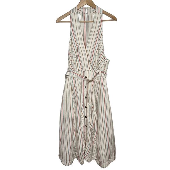 Anthropologie Maeve Womens Belted V Neck Button Front Midi Dress 14 Beige Stripe - Picture 4 of 15